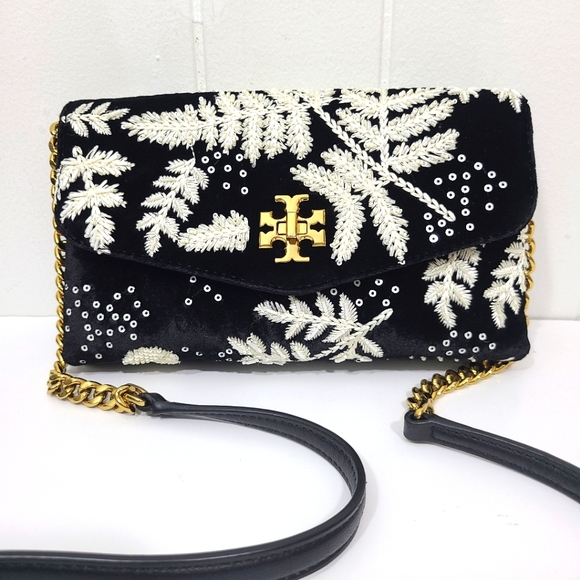 Tory Burch Handbags - Tory Burch Kira Velvet Leather Embroidered Flap Turnlock Chain Wallet Black HTF